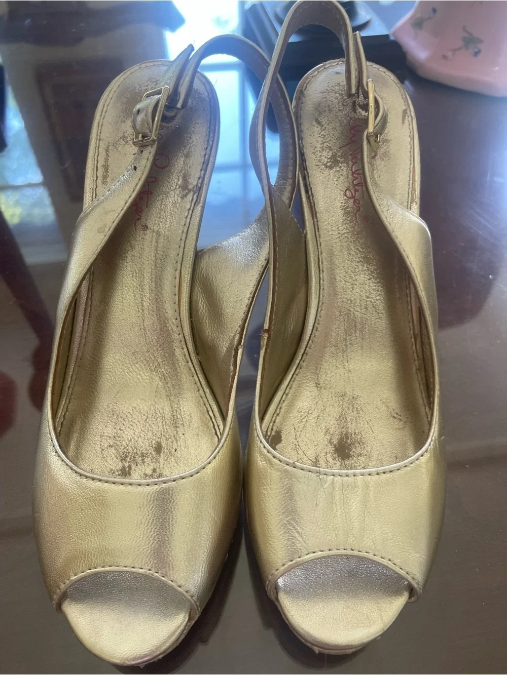 Lilly Pulitzer Gold Peep-Toe Espadrille Wedge Sandals